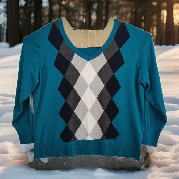 St. John's Bay women's pullover sweater, 3XL, aqua, argyle pattern, v-neck - Picture 1 of 8